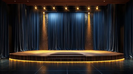 An elegant stage with a luxurious wooden platform and delicate golden spotlights, The curtains are dark blue with gold accents