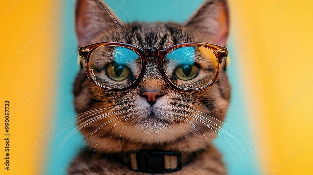 Poster A playful cat wearing stylish glasses against a vibrant blue and yellow background in a cozy indoor setting