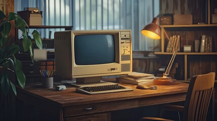 Fototapeta premium Vintage office scene with an old computer, wooden desk, retro lamp, and scattered stationery.