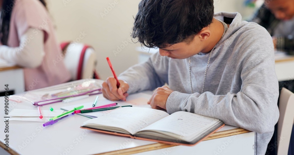 Poster Writing, book and student in classroom for learning chemistry with notes for exam, test or project. Education, teenager and boy in lesson for studying science at school academy with scholarship.