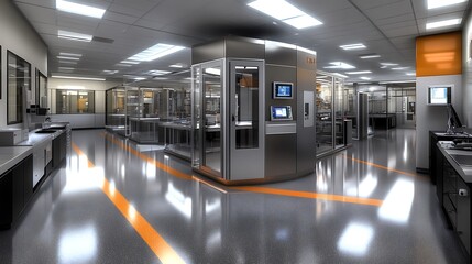 Obraz premium Modern Industrial Interior Design with Orange Striping and Clean Lines