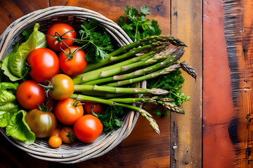 Design a high-detail image of vibrant vegetables arranged artistically on a wooden table