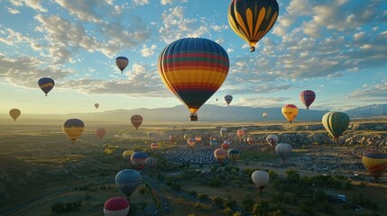 Fototapeta premium Wide shot of vibrant hot air balloons filling the sky over the desert landscape during the Albuquerque International Balloon Fiesta.