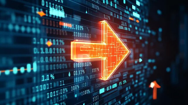 A glowing red arrow points right on a digital screen with blue background and numbers - Powered by Adobe