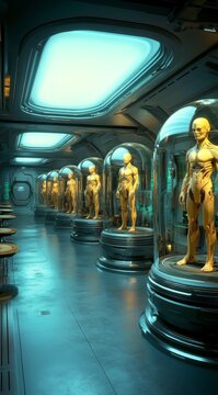 Long corridor futuristic space station has high ceiling alien lab
