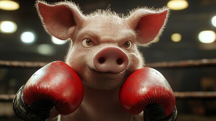 Pig boxer in gloves, throwing a punch in the ring, fierce and energetic, cartoon style