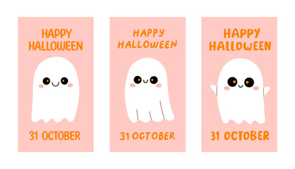 Halloween pink poster set. Trendy flat style and funny characters. Cute vector poster set for postcard, flyer, banner