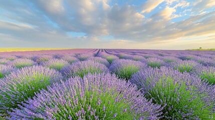 Obraz premium A vast field of lavender flowers in full bloom under a cloudy sky, extending to the horizon.