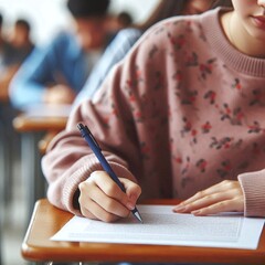 close up of student hand writing on paper with pen in an exam hall room, blur light