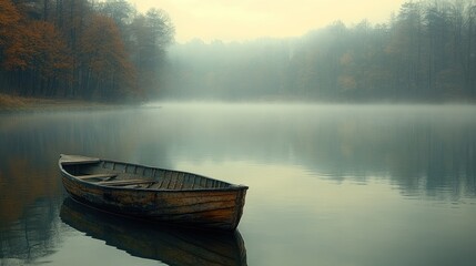 A Lonely Boat in the Misty Lake
