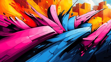 Bold and rhythmic street symphony, abstract shapes and graffiti lines in vibrant neon colors, sharp angles clashing with fluid curves, dynamic motion and energy, capturing the pulse of street art,