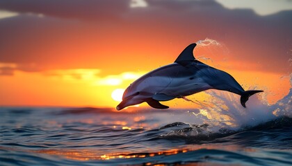 Dolphins leaping through the waves under a vibrant sunset sky