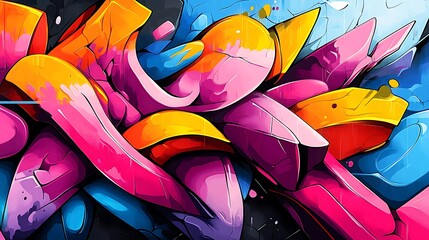 Bold, chunky shapes filled with vibrant neon colors, street-inspired graffiti lines creating dynamic energy, pop art aesthetic, sharp geometric forms contrasted with smooth curves,