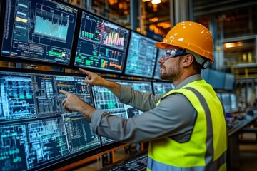 Man wearing hard hat safety vest standing front A control room engineer