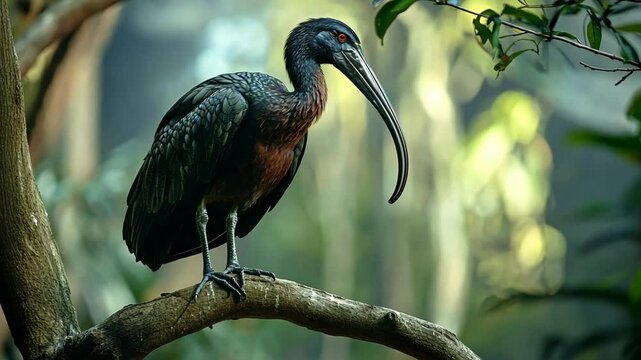 A black ibis perches on a branch in a tropical rainforest