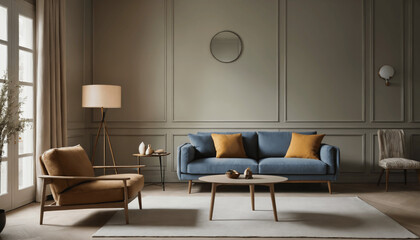 Home interior design characterized by an elegant living room featuring a comfortable sofa, mid mid century furniture, cozy, wooden floor, white walls, and home