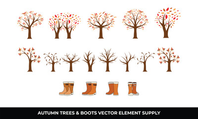 Autumn trees, bare branches, boots, leaves, brown.