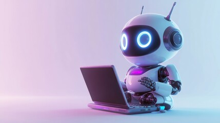 Cute friendly artificial intelligence robot using laptop computer with blue neon glow light, chatbot and AI assistant concept futuristic technology 3d illustration, banner