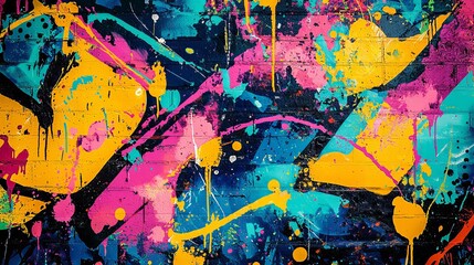 Energetic graffiti wall with splashes of neon paint, bold abstract patterns
