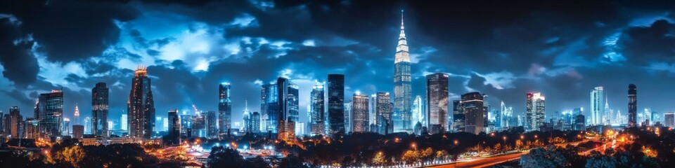 Fototapeta premium Panoramic view city skyline night sky filled dark Nashville Night.