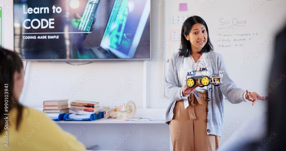 Poster Education, robotics and lecture with teacher in classroom for learning, scholarship or tech bootcamp. Coding, Ai development and future with people at STEM school for course, programming or academy