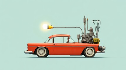 Fototapeta premium A vintage car powered by a lightbulb, symbolizing innovation, inspiration, creativity, progress, and the power of ideas.