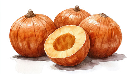 A collection of vibrant orange pumpkins, featuring one cut in half to reveal its inner flesh. Perfect for autumn themes.