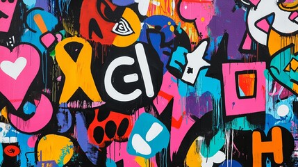 Graffiti wall inspired by modern pop culture, blending iconic symbols and characters with bold street art