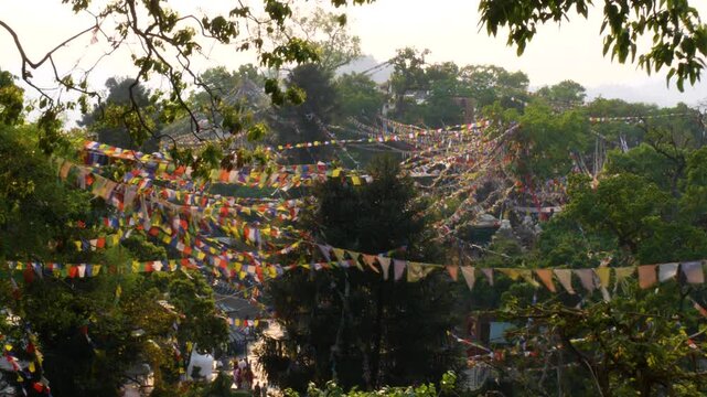 Colorful Tibetan prayer flags of Buddhism in Swayambhunath Stupa.