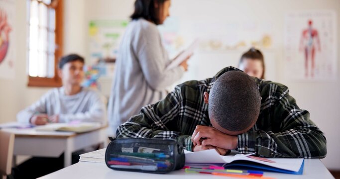 Teenager, student or test with stress for bad results, feedback or exam in classroom at school. Young, kid or frustrated child with depression or loss for mistake, failure or academic examination