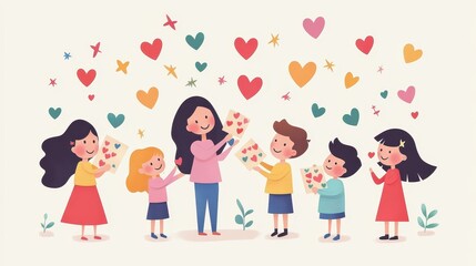 Fototapeta premium Children joyfully present handmade cards to their mother amidst colorful hearts and stars