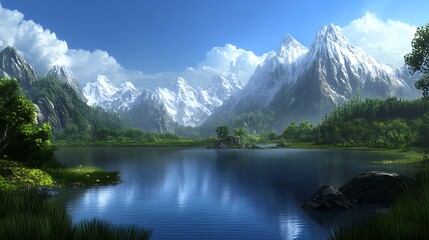 Mountain Lake Serenity   Stunning Landscape with Snow Capped Peaks and Tranquil Water