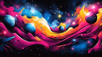 Cosmic vibes in graffiti style, swirling galactic shapes in vivid neon hues, bold lines slicing through starry backgrounds, abstract celestial forms intertwined with graffiti art,