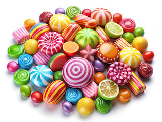 Fototapeta premium A vibrant and visually appealing pile of assorted colorful candies is displayed on a clean white background, making them stand out beautifully