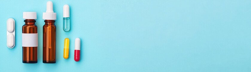 bottles and capsules on a vibrant blue background, ideal for health and pharmaceutical themes.