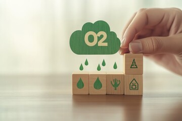 Hand Stacking Eco-Themed Wooden Blocks Depicting Sustainability and Oxygen