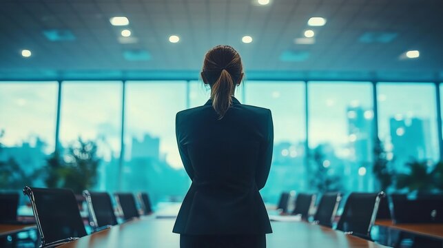Woman standing conference room her back to camera Leading the Way