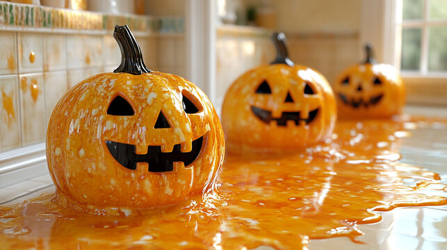 A spooky Halloween scene featuring carved pumpkins oozing orange goo, creating a festive yet eerie atmosphere.