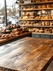Fototapeta premium Wooden table foreground bakery is made dark wood A rustic