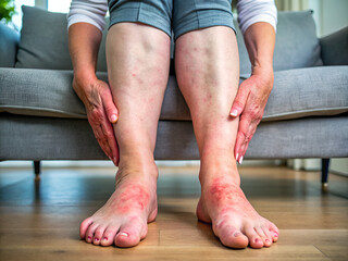 A woman is comfortably seated on a couch, and she appears to have a noticeable rash on her legs that draws attention