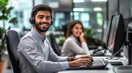 Young man wearing headset working laptop office He An Indian support representative