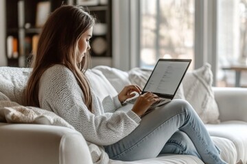 Young woman sitting white couch living room She