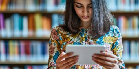 Fototapeta premium Young woman holding tablet her hands She is Close-up of a teacher
