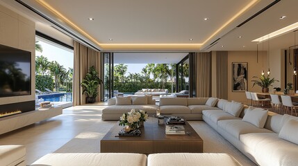 Spacious modern living room featuring large windows overlooking a serene garden and backyard pool during a sunny afternoon