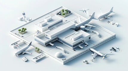 The airport of the future in 3D. Isometric figures on a white background