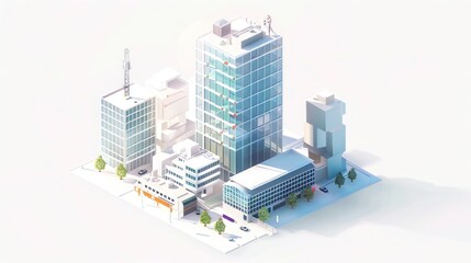 Smart city with tall buildings. White background with flat isometric figures