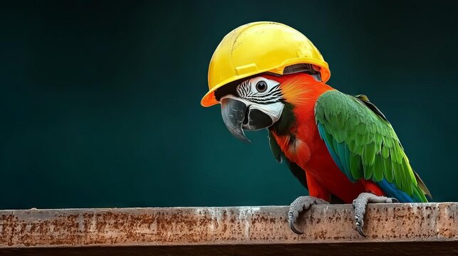 A colorful parrot wearing a yellow construction helmet, standing on a rusted beam.