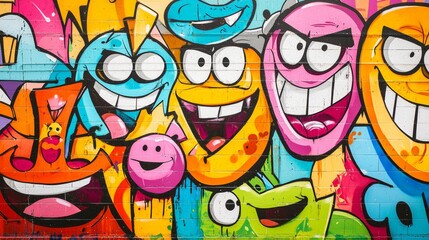 Obraz premium Playful graffiti wall with bold cartoon characters, exaggerated expressions