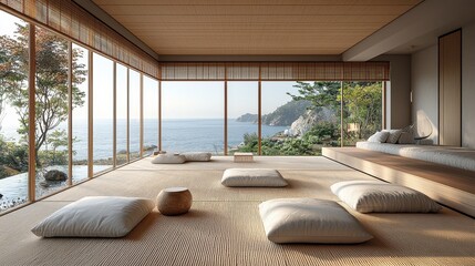 A serene minimalist room with floor cushions offering a breathtaking ocean view at sunrise, located in a tranquil coastal area