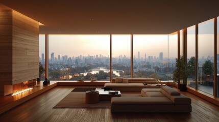Modern living room with panoramic city view during sunset in a high-rise apartment setting
